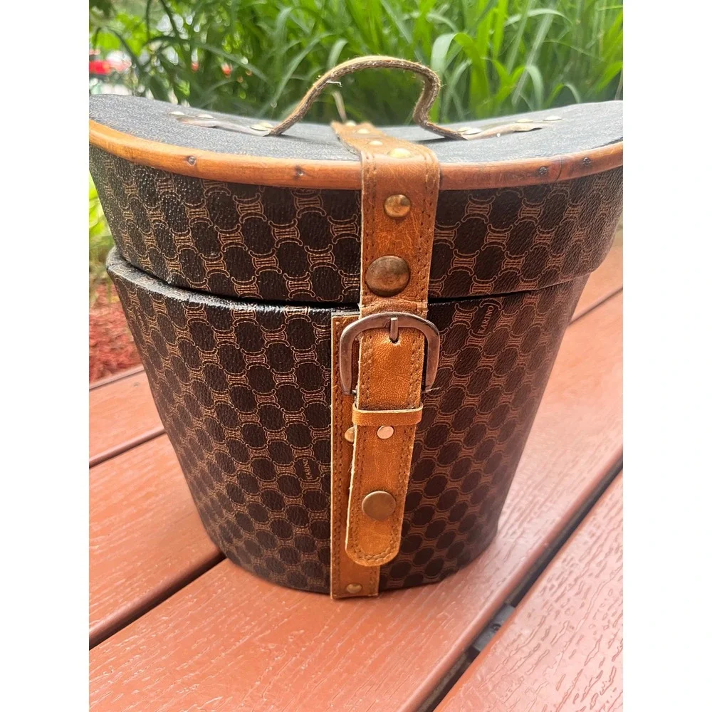 Vintage Karino Macadam Monogram Wood Bucket Box Leather Trim Vanity Case‎